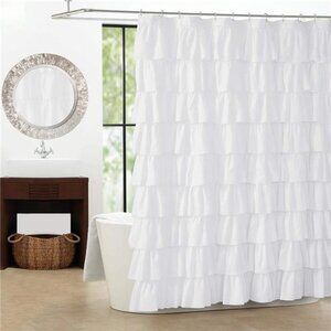 White Ruffle Shower Curtain - Farmhouse Cloth Bathroom 72 x 72 Inches Texture